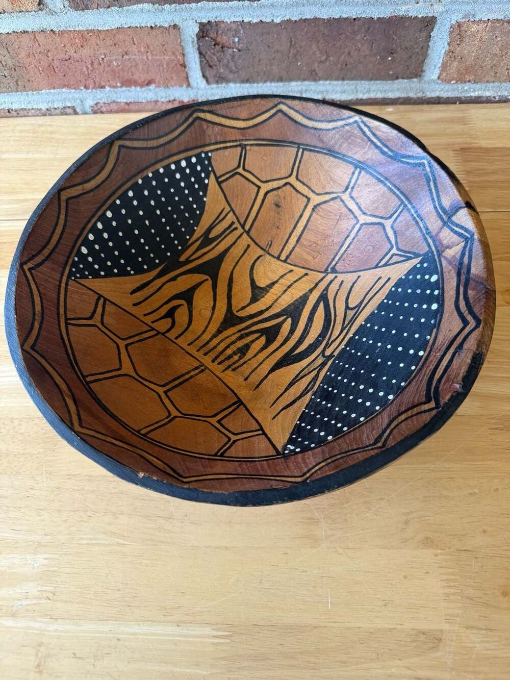 Vintage Hand-Carved Wooden Bowl with Tribal Animal Print and Dot Pattern